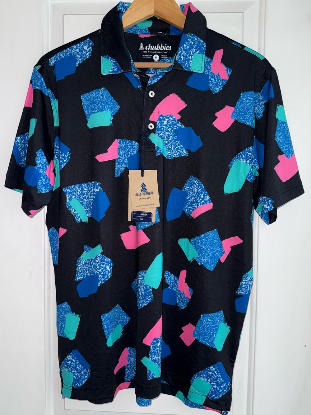 NWT chubbies “The Abs Tract" Performance Polo in Black/Neon Print
